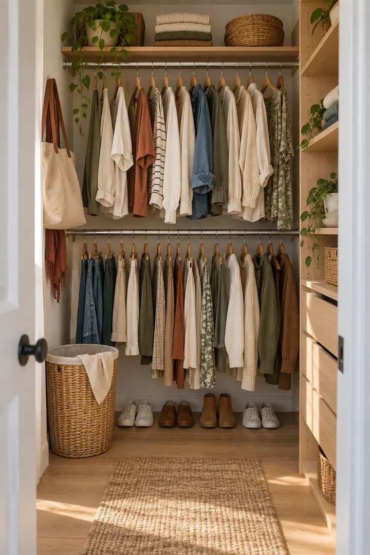 Closet showing double hanging closet rod in a warm realistic compact home.