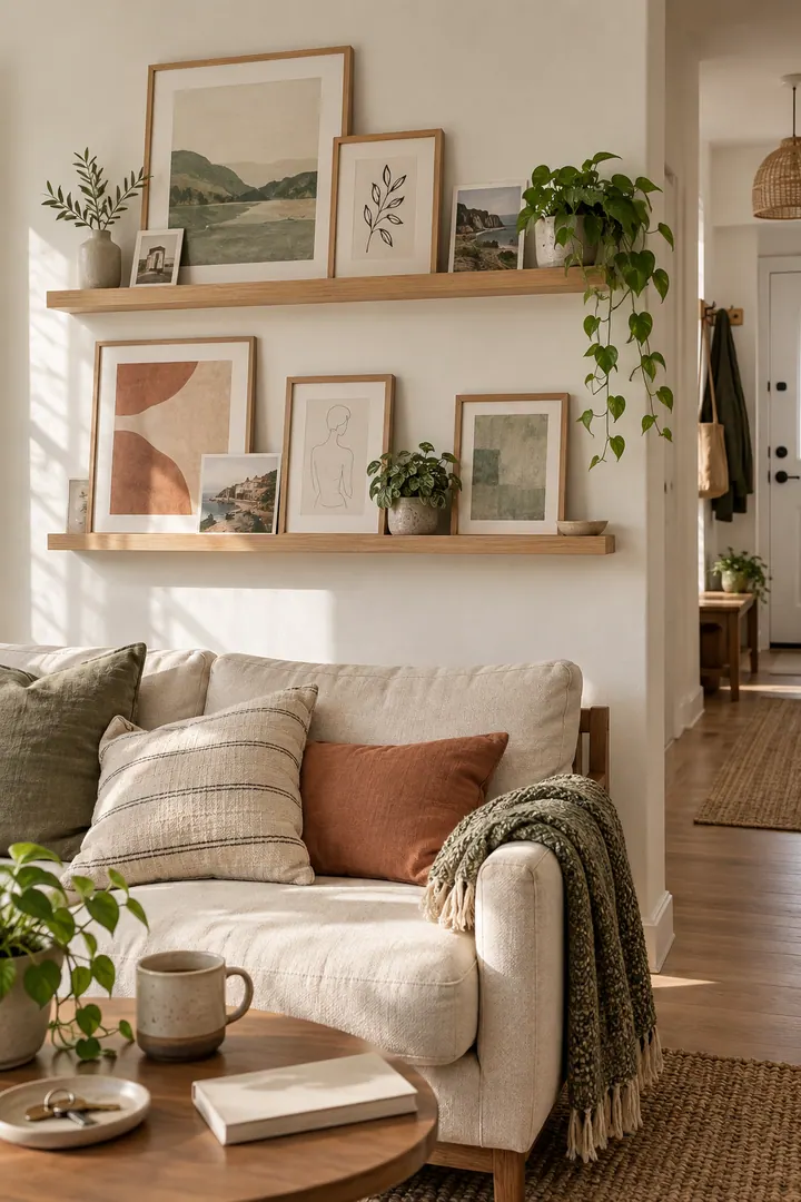 Renter-friendly upgrades showing removable picture ledge gallery in a warm realistic compact home.