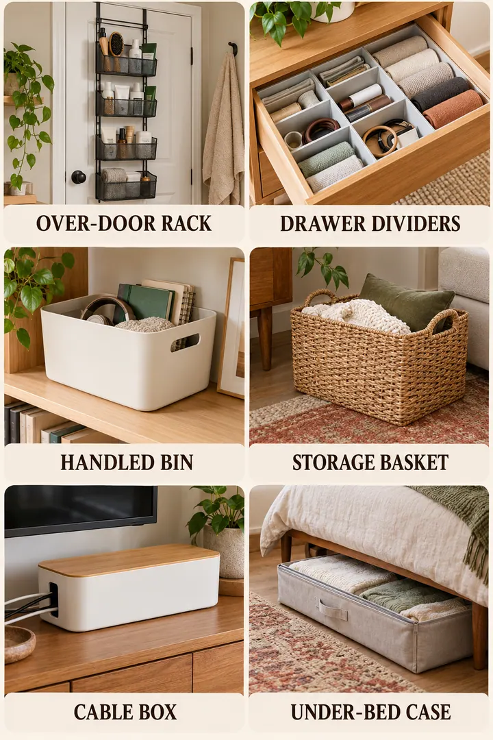 Budget Decor Catalog of small space storage organizers in Whole home showing choose six distinct organizer types by task.