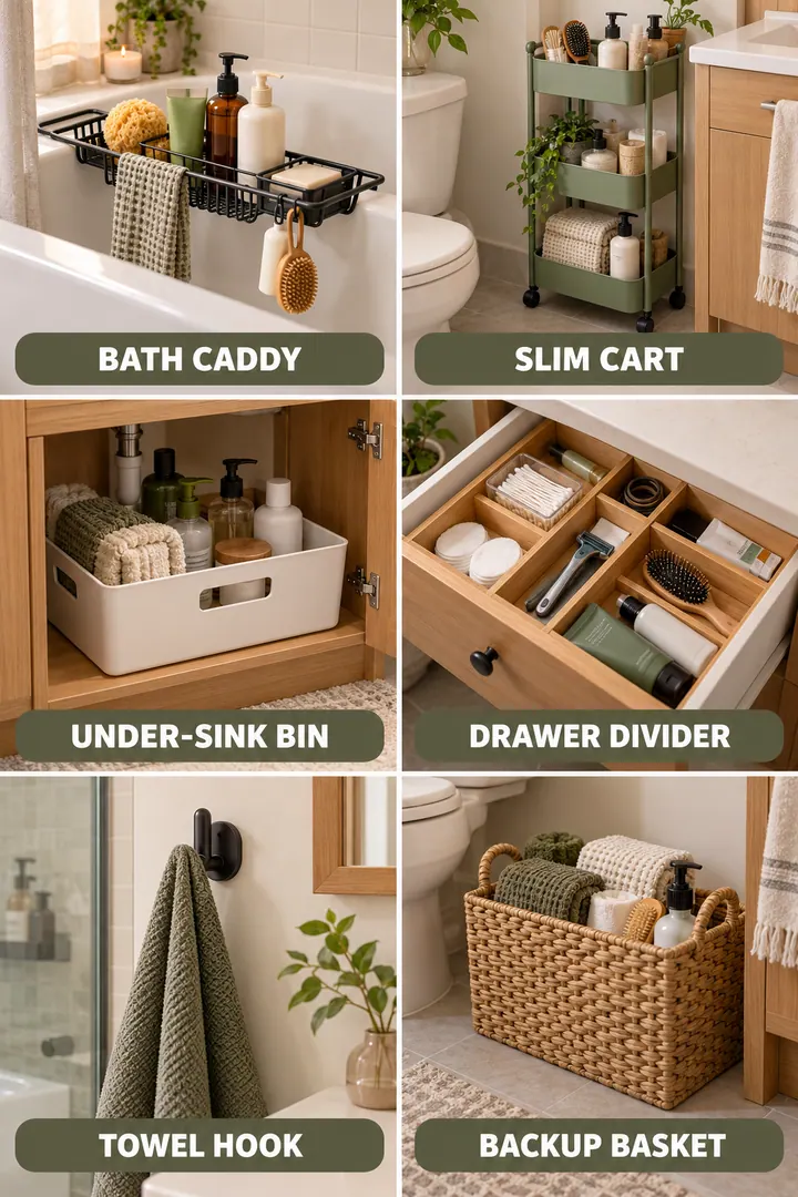 Budget Decor Catalog of small bathroom organizers in Bathroom showing choose wet-zone dry-zone and backup organizers.
