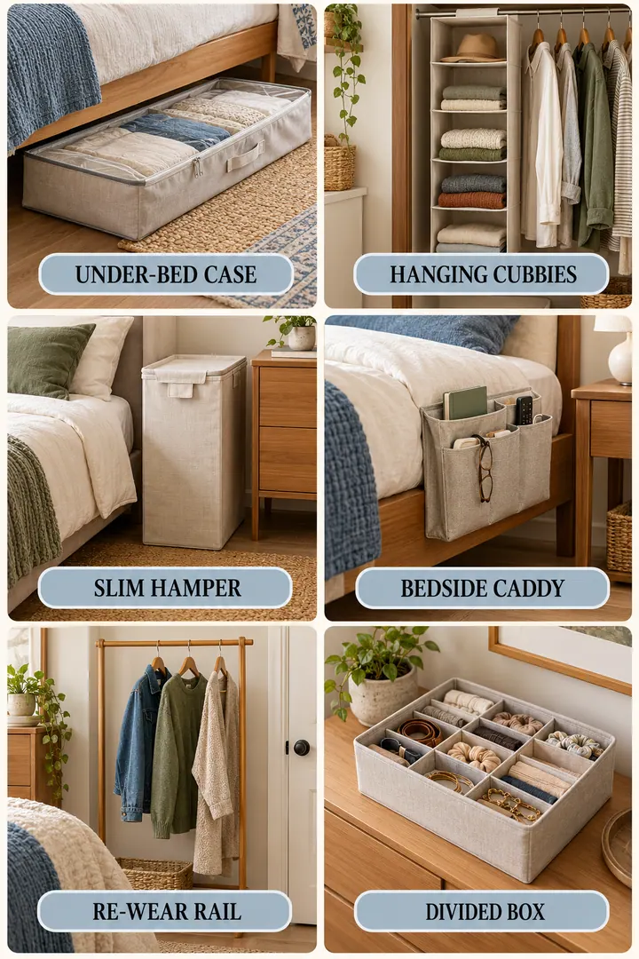 Budget Decor Catalog of small bedroom organizers in Bedroom showing use six low-footprint storage types tied to item size.