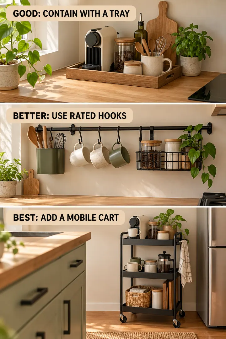 Budget Decor Catalog of tiny kitchen counter organization in Kitchen showing escalate from tray to wall-side caddies to full movable station.
