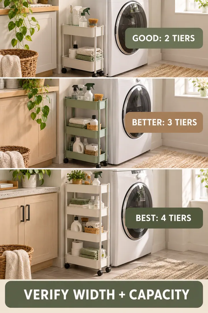 Budget Decor Catalog of slim rolling cart in Laundry showing compare carts by measured width tier count and load guidance.