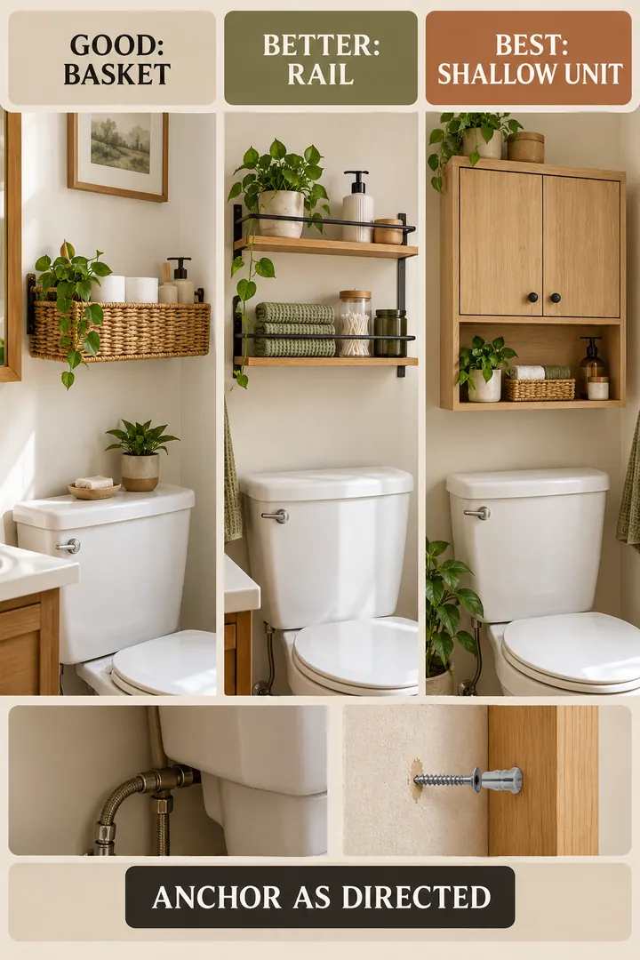 Budget Decor Catalog of over toilet storage in Bathroom showing compare basket rail and shallow shelving by capacity and installation.