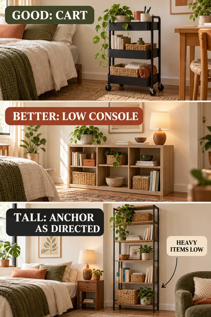 Budget Decor Catalog of freestanding renter storage in Studio showing compare low cart shallow console and properly anchored tall unit.