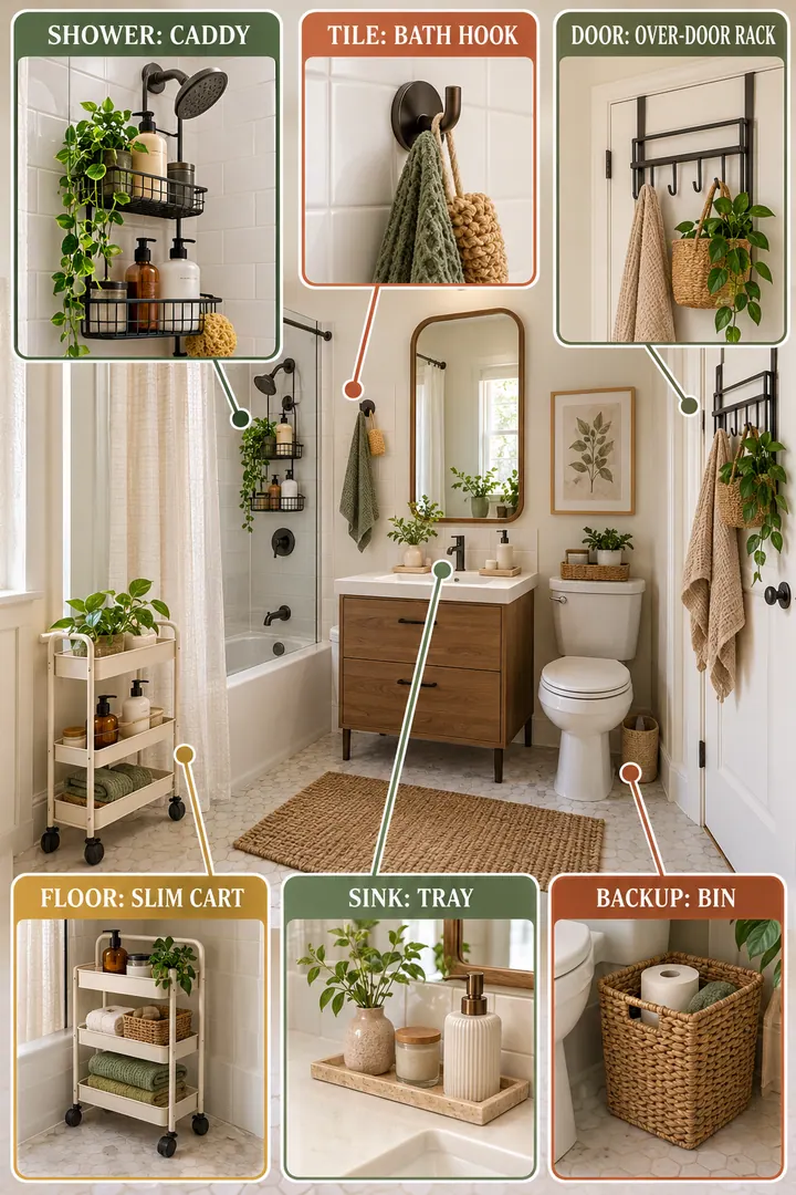 Budget Decor Catalog of renter bathroom accessories in Bathroom showing map bath-rated removable or movable products to wet dry and door zones.