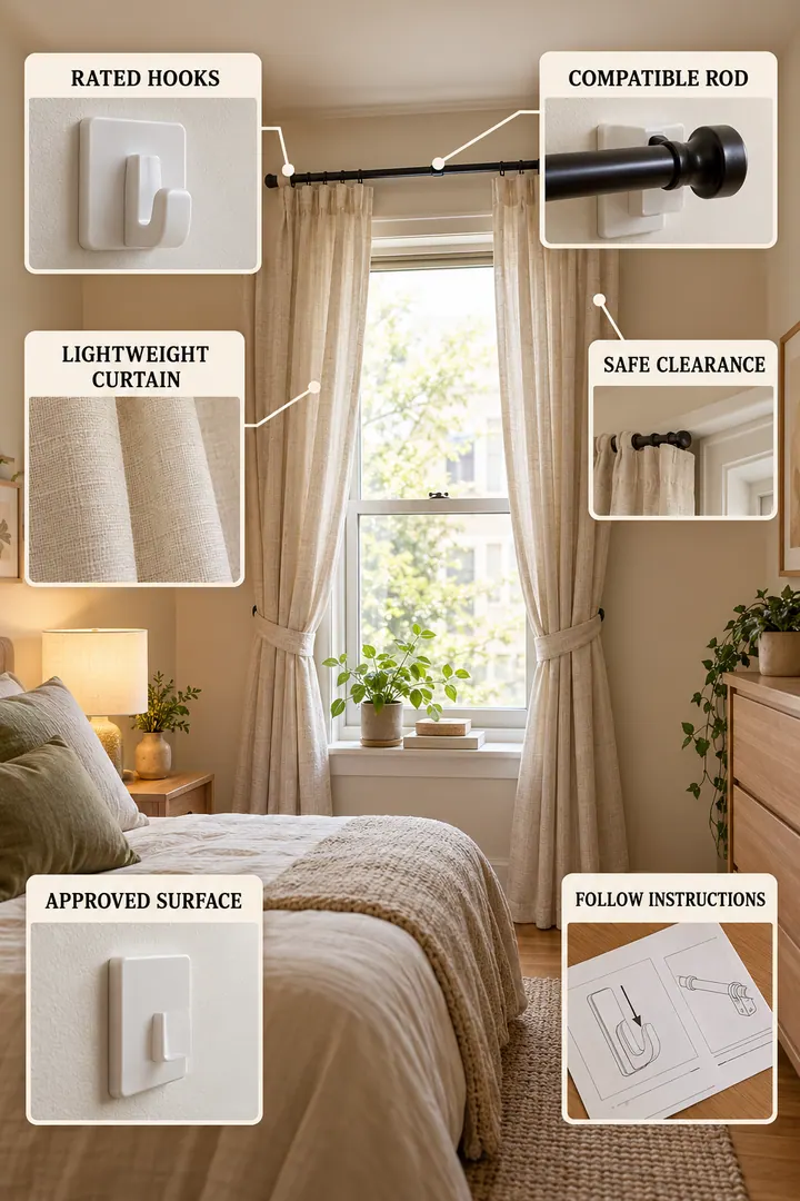Budget Decor Catalog of renter friendly window treatments in Bedroom showing map compatible hooks rod lightweight curtain and tieback to the window.