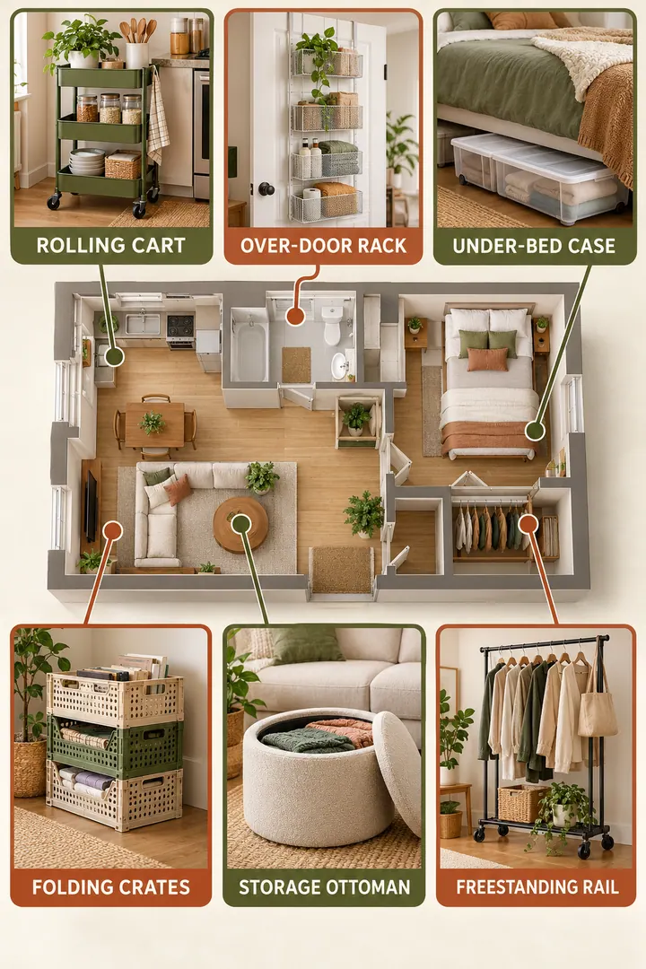 Budget Decor Catalog of moveable renter storage in Whole home showing choose storage that packs rolls hangs over a door or slides under furniture.