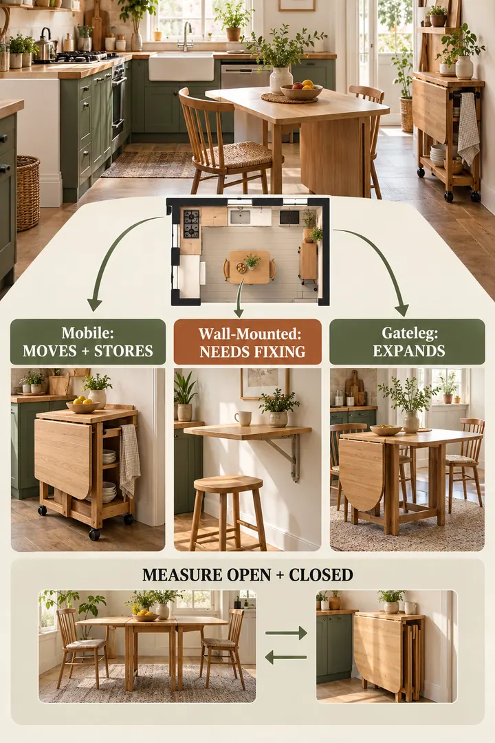 Budget Decor Catalog of drop leaf table buying guide in Kitchen showing compare mobile drop-leaf wall-mounted and gateleg mechanisms.