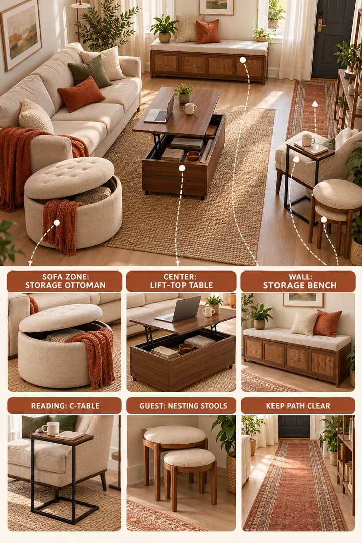Budget Decor Catalog of small space storage furniture in Living room showing map one double-duty piece to each activity zone.