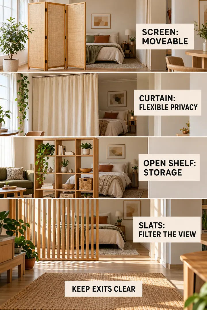 Budget Decor Catalog of studio room divider ideas in Studio showing compare portability privacy storage and light transmission.