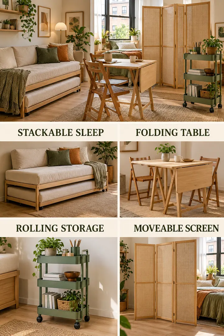 Budget Decor Catalog of flexible studio furniture in Studio showing build a flexible kit from stackable foldable rolling and screening pieces.