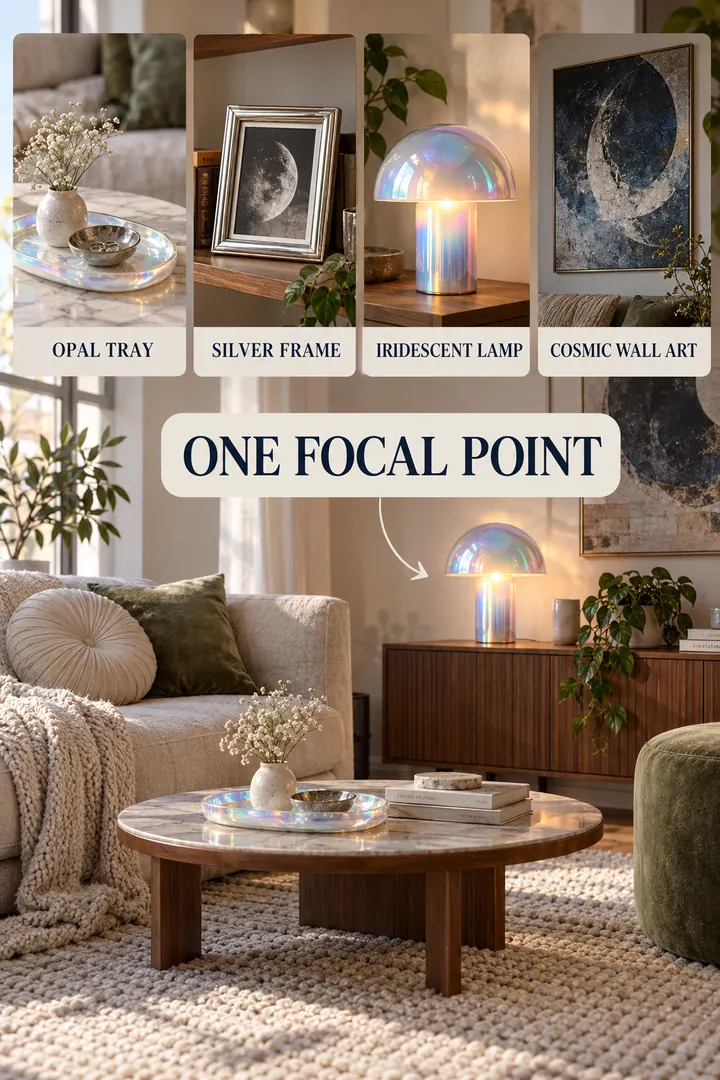 Budget Decor Catalog of extra celestial decor in Living room showing use one opalescent or silver focal accent with matte supporting textures.