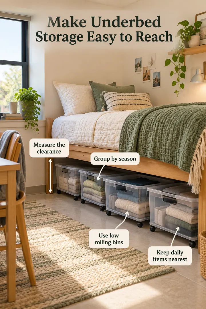 Annotated Educational Photo of underbed dorm storage in Dorm bedroom showing measure the clearance.