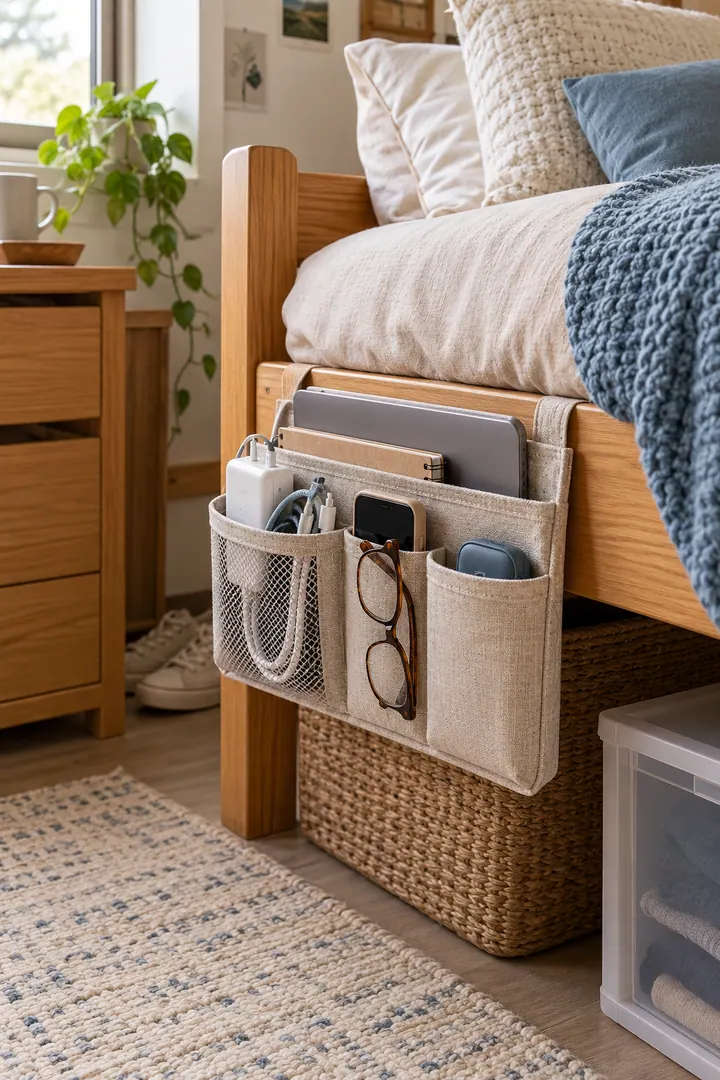 Detail/Lifestyle Photo of dorm bedside caddy organization in Dorm bedroom showing hang one bedside caddy.