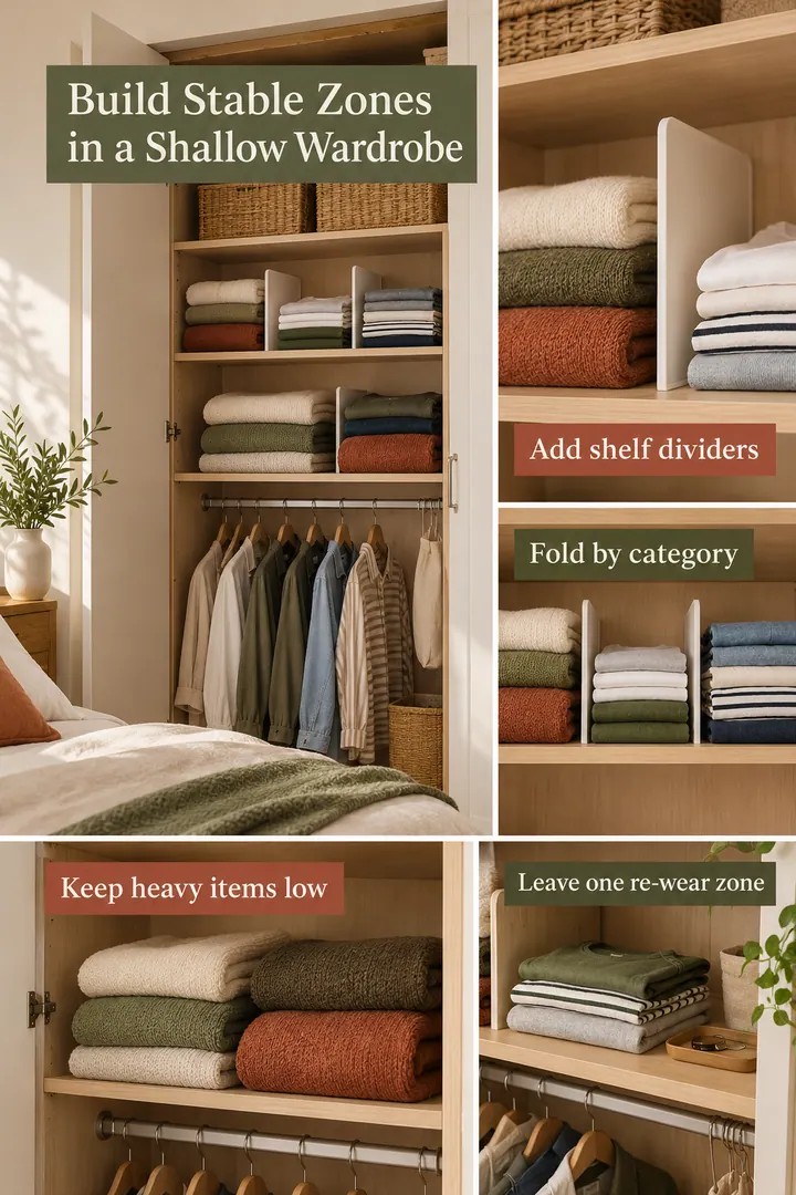 Editorial Educational Collage of wardrobe shelf organization in Bedroom showing add shelf dividers.