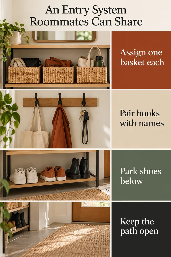 Color Palette Guide of shared entryway baskets in Entryway showing assign one basket each.