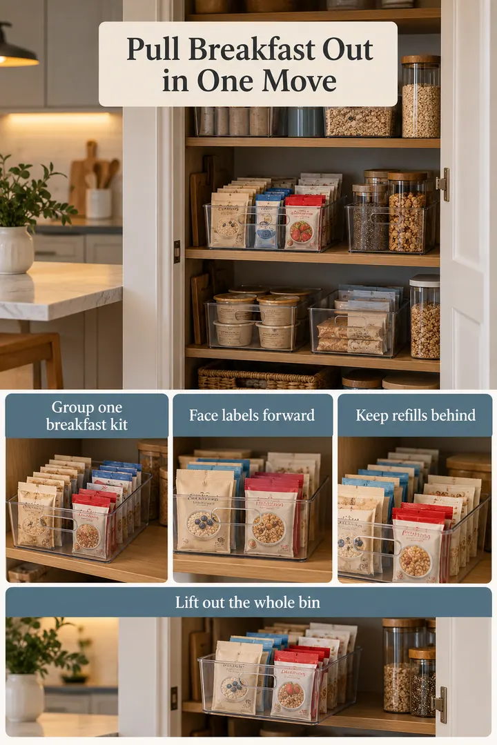 Room-by-Room Visual Guide of breakfast pantry bin in Kitchen pantry showing group one breakfast kit.
