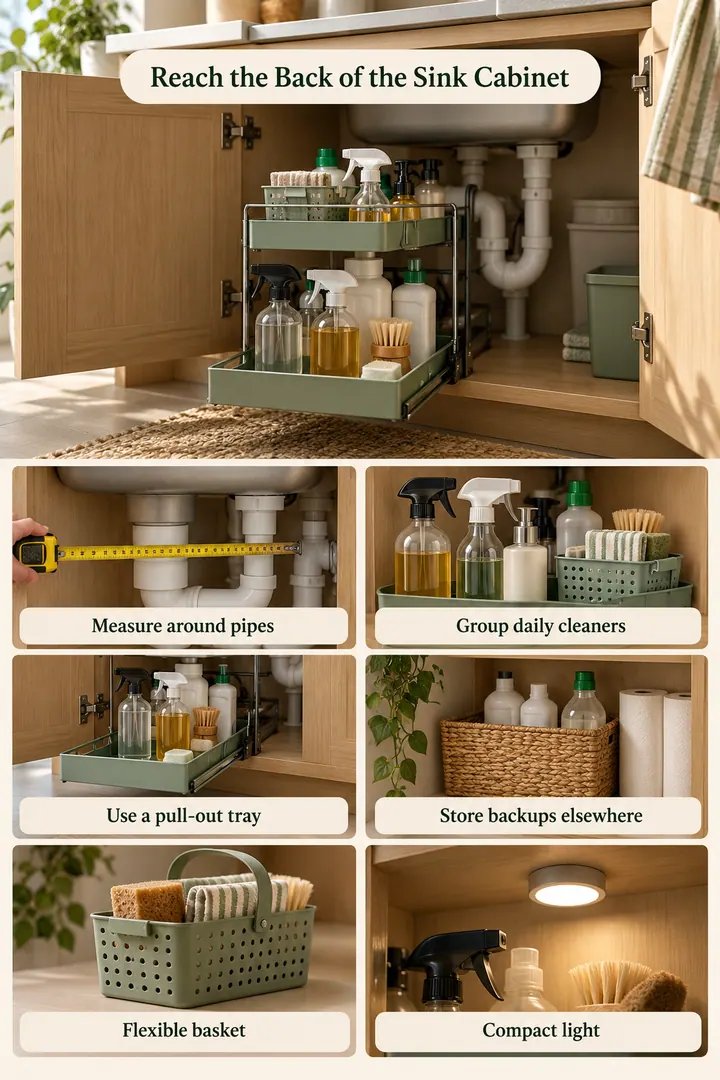 Budget Decor Catalog of under sink pull out storage in Kitchen showing measure around pipes.