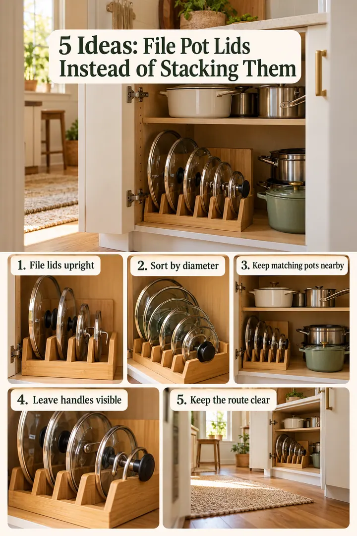 Numbered Ideas Infographic of pot lid vertical storage in Kitchen showing file lids upright.