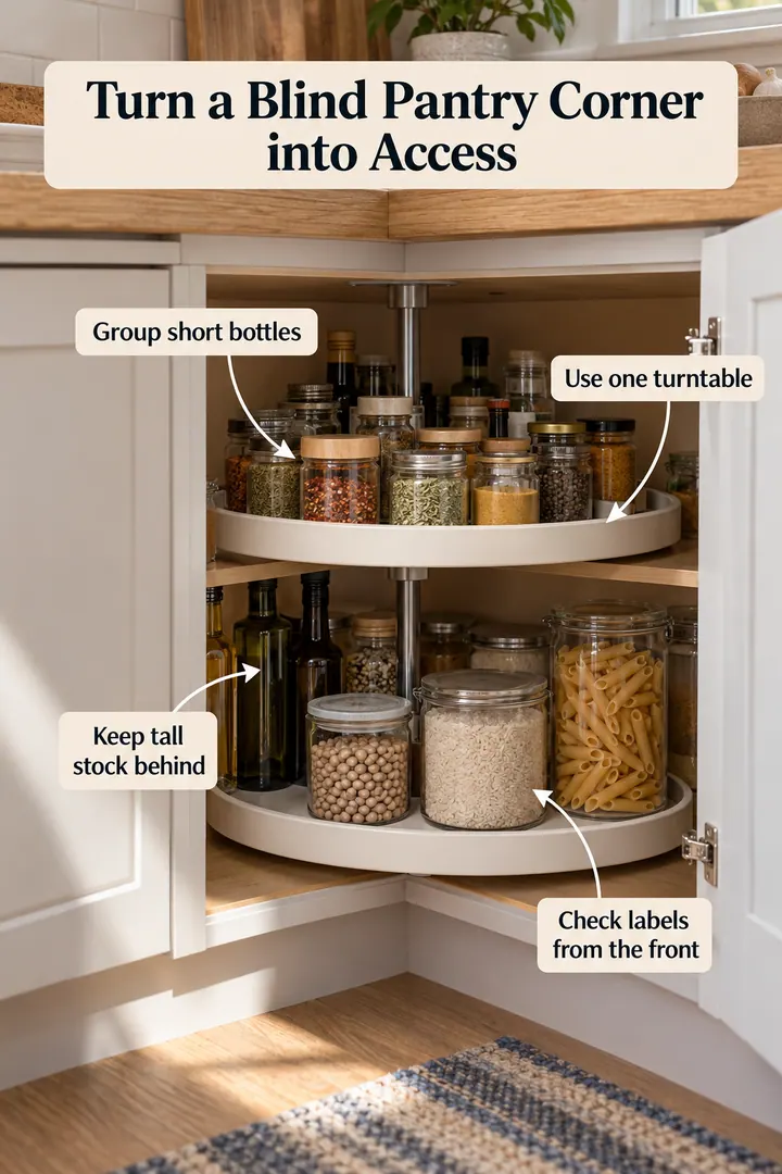 Annotated Educational Photo of pantry corner turntable in Kitchen pantry showing group short bottles.