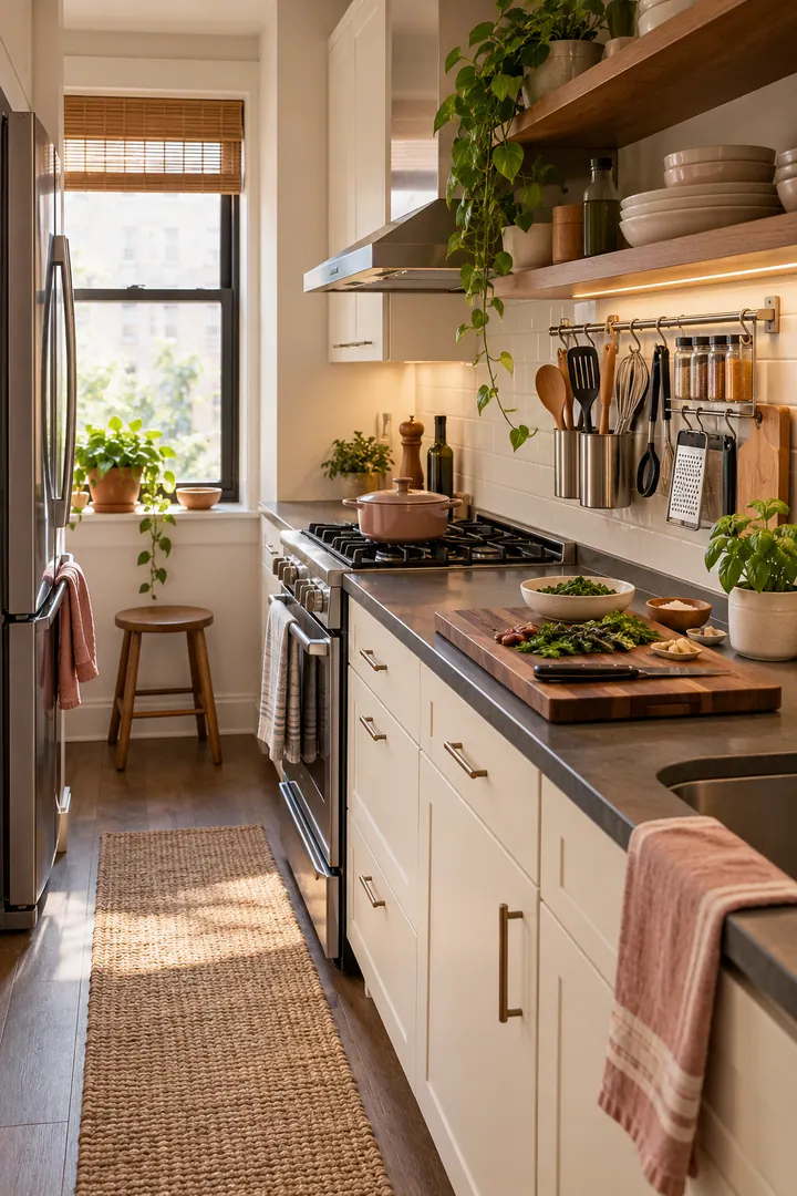 Clean Photo of compact cooking tool zone in Galley kitchen showing keep daily tools together.