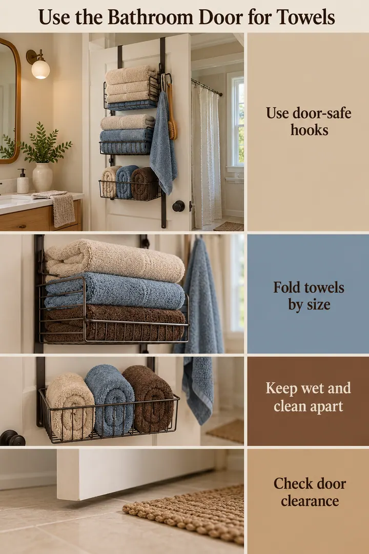 Color Palette Guide of over door towel storage in Bathroom showing use door-safe hooks.