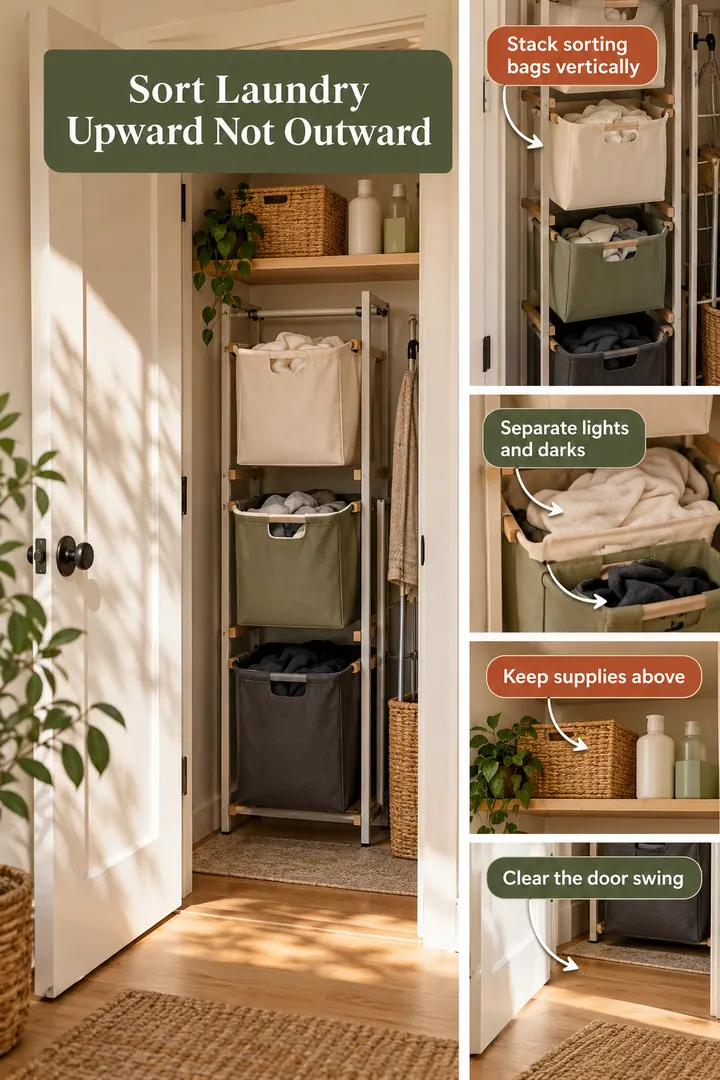 Room-by-Room Visual Guide of vertical laundry sorting in Laundry closet showing stack sorting bags vertically.