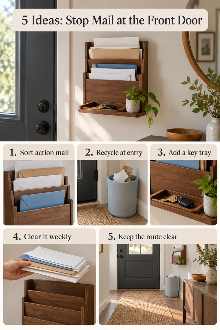 Numbered Ideas Infographic of wall mounted mail sorter in Entryway showing sort action mail.