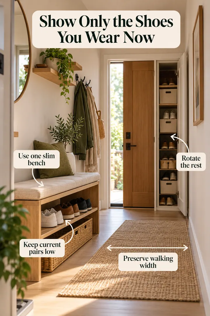 Annotated Educational Photo of small entry shoe rotation in Entryway showing keep current pairs low.