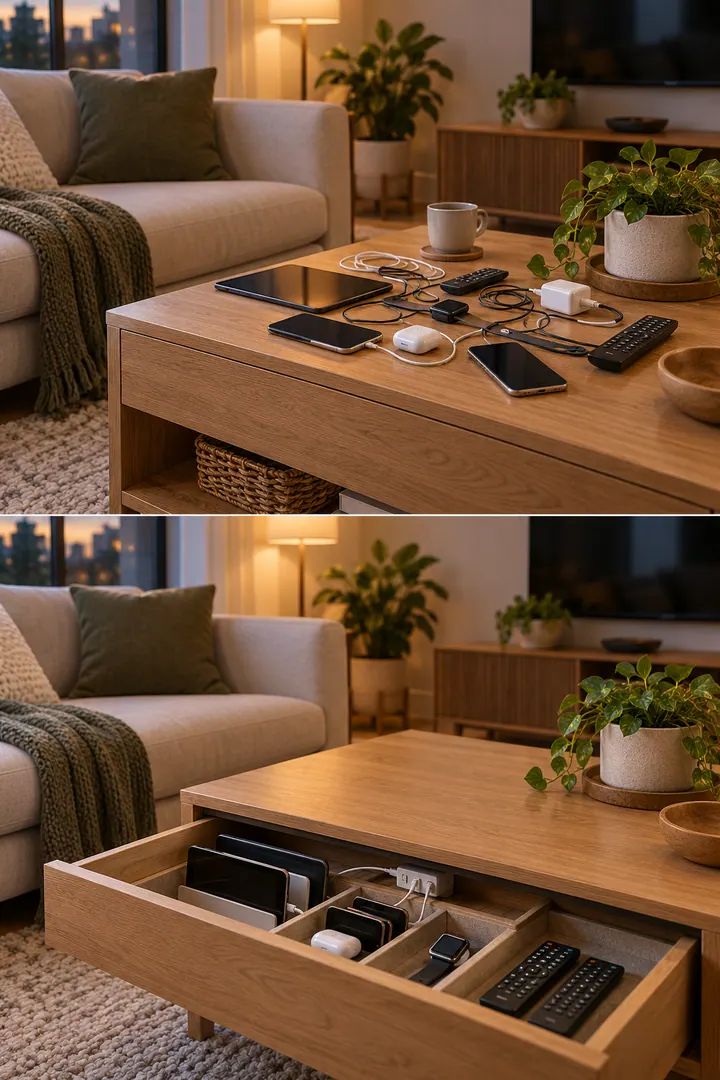 Clean Photo of living room charging drawer in Living room showing assign one shallow drawer.