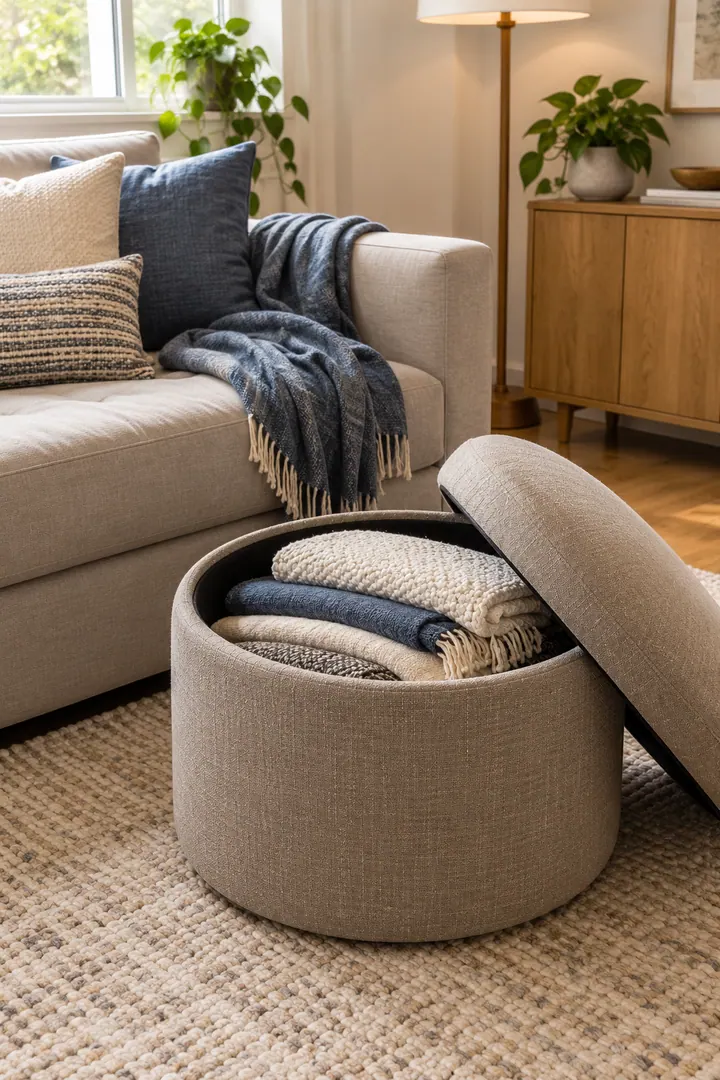 Detail/Lifestyle Photo of blanket storage ottoman in Living room showing choose one lidded ottoman.