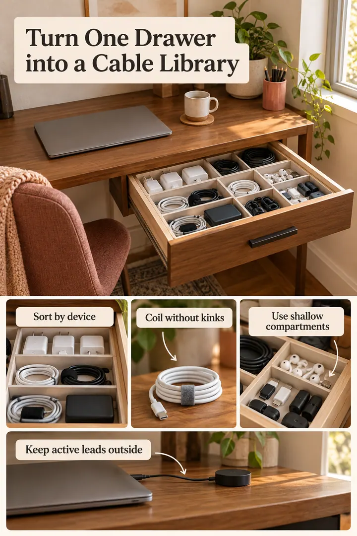 Editorial Educational Collage of home office cable drawer in Home office nook showing sort by device.