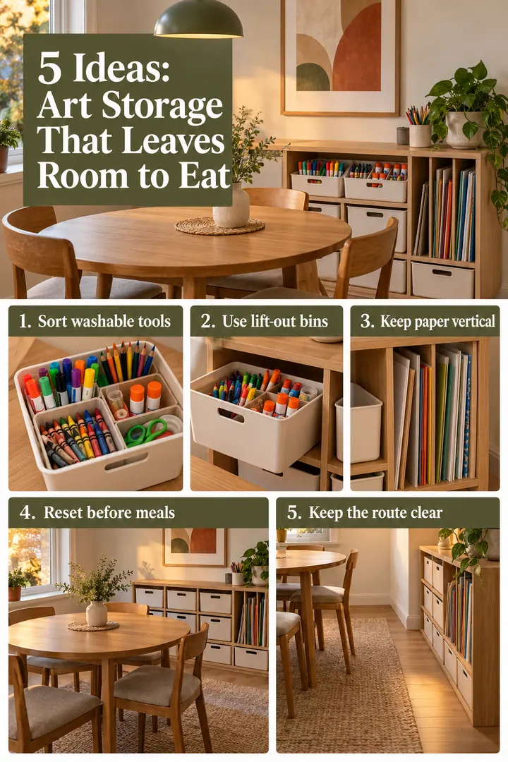 Numbered Ideas Infographic of kids art supply bins in Dining nook showing sort washable tools.