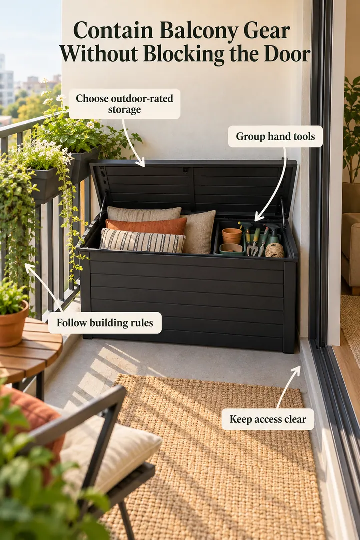 Annotated Educational Photo of small balcony storage box in Balcony showing choose outdoor-rated storage.