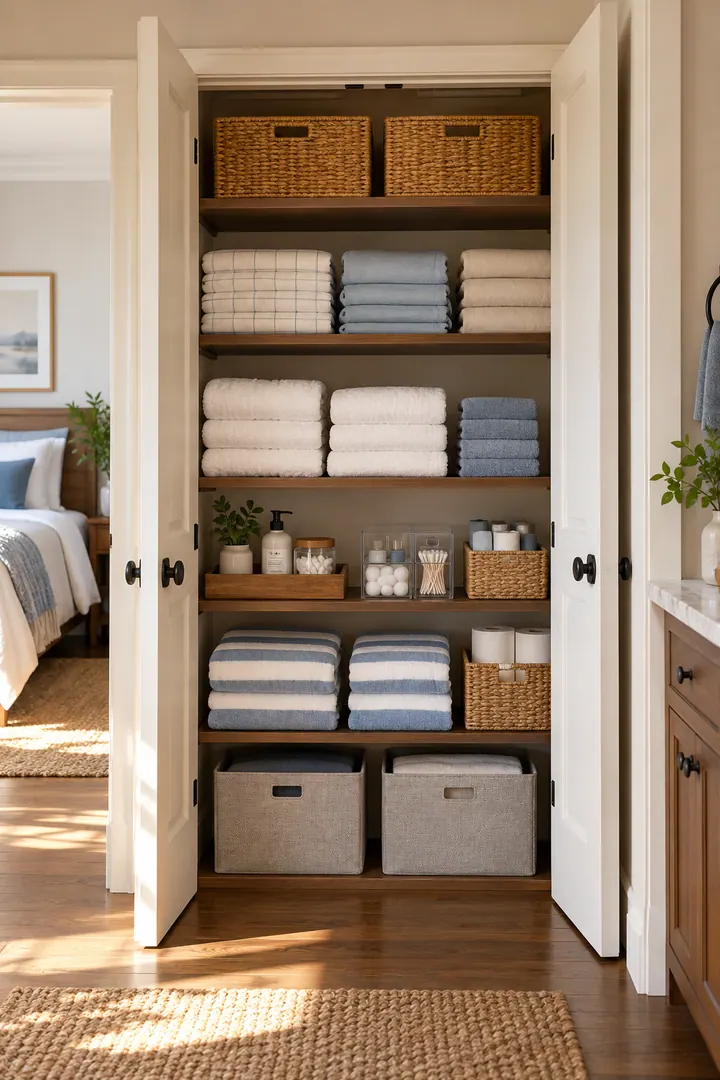 Clean Photo of linen closet shelf zones in Linen closet showing assign shelves by use.