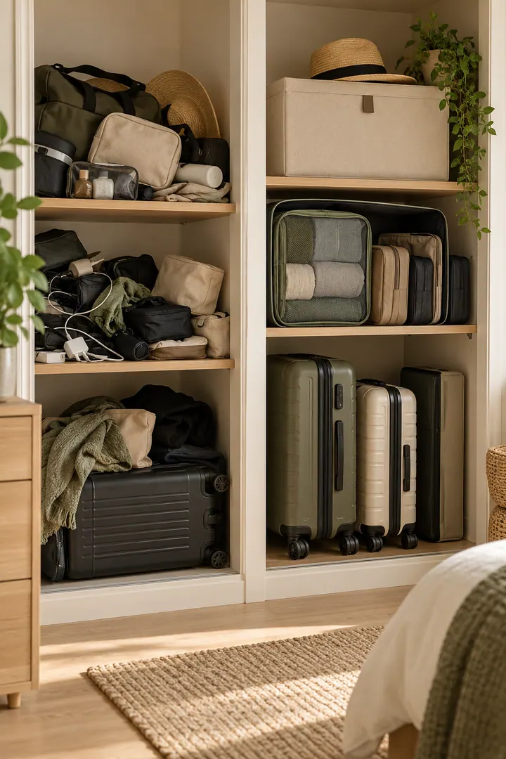 Detail/Lifestyle Photo of suitcase storage organization in Bedroom closet showing nest small bags inside.