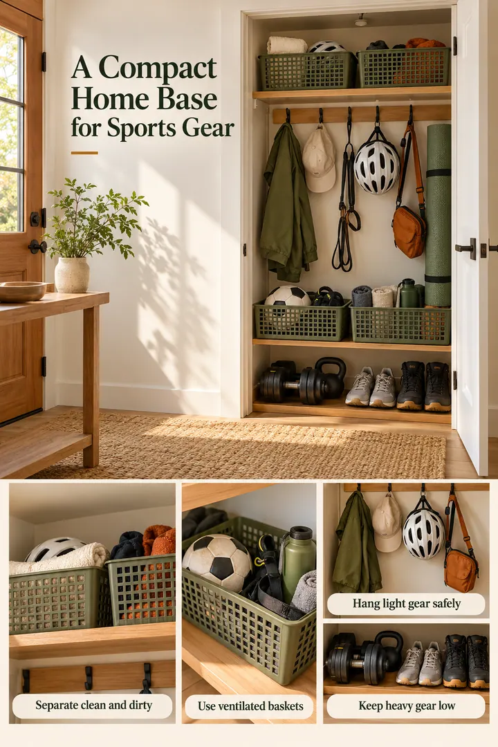 Editorial Educational Collage of sports gear apartment storage in Entry closet showing separate clean and dirty.