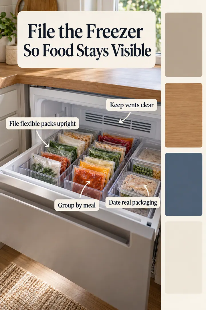 Color Palette Guide of small freezer organization in Kitchen showing file flexible packs upright.