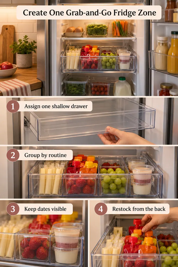 Room-by-Room Visual Guide of fridge snack drawer in Kitchen showing assign one shallow drawer.