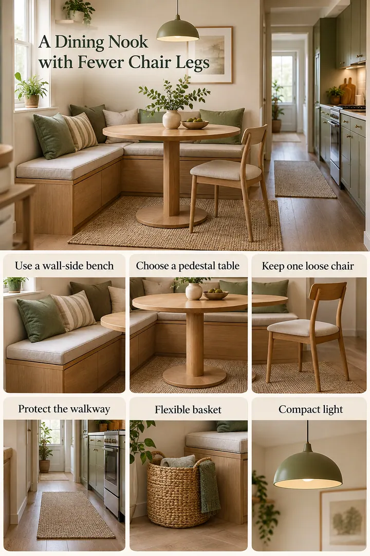 Budget Decor Catalog of small dining banquette layout in Dining nook showing use a wall-side bench.