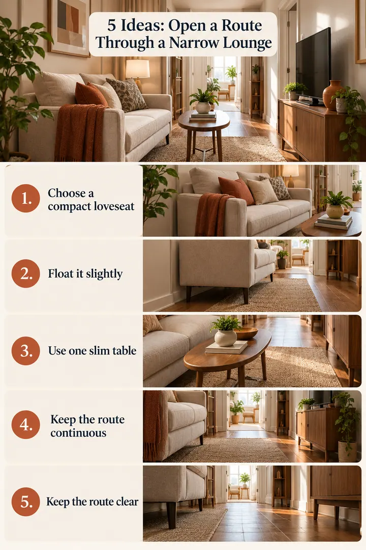Numbered Ideas Infographic of narrow living room loveseat layout in Living room showing choose a compact loveseat.