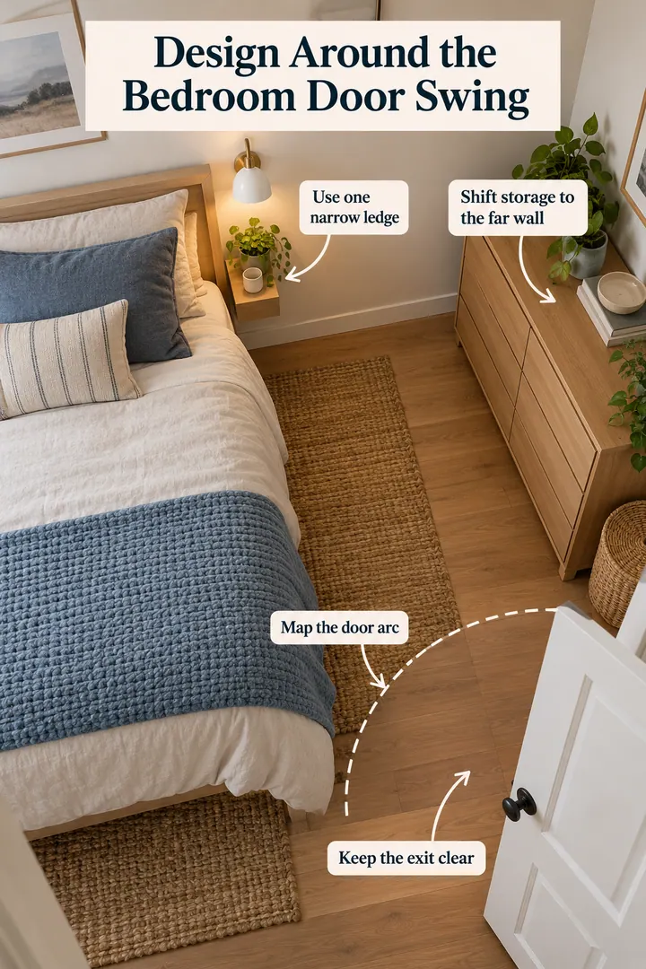 Annotated Educational Photo of bedroom door swing layout in Bedroom showing map the door arc.