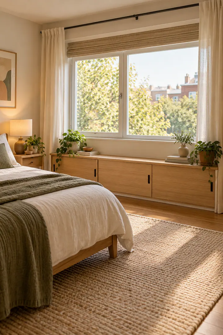 Clean Photo of under window bedroom storage in Bedroom showing choose low storage.