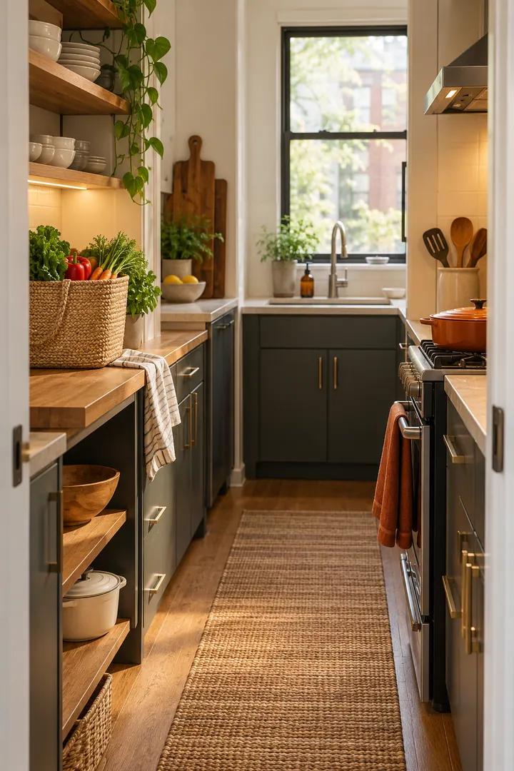 Detail/Lifestyle Photo of galley kitchen landing zones in Galley kitchen showing reserve a grocery landing.