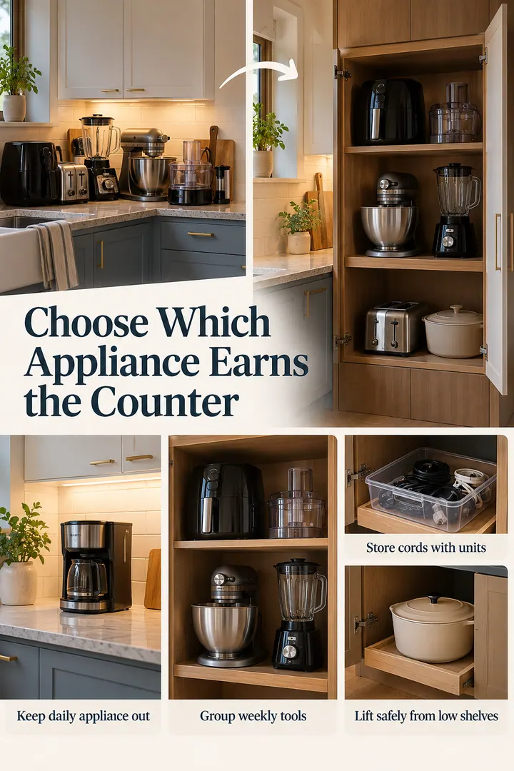 Editorial Educational Collage of small kitchen appliance cabinet in Kitchen showing keep daily appliance out.