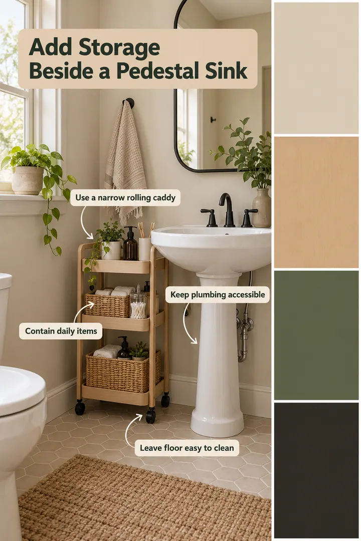 Color Palette Guide of pedestal sink bathroom storage in Bathroom showing use a narrow rolling caddy.