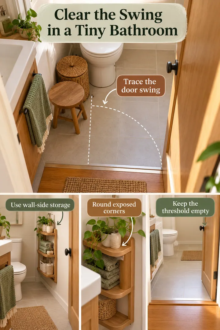 Room-by-Room Visual Guide of bathroom door clearance in Bathroom showing trace the door swing.