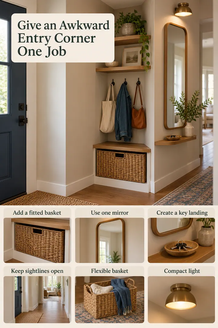 Budget Decor Catalog of blind entry corner storage in Entryway showing add a fitted basket.