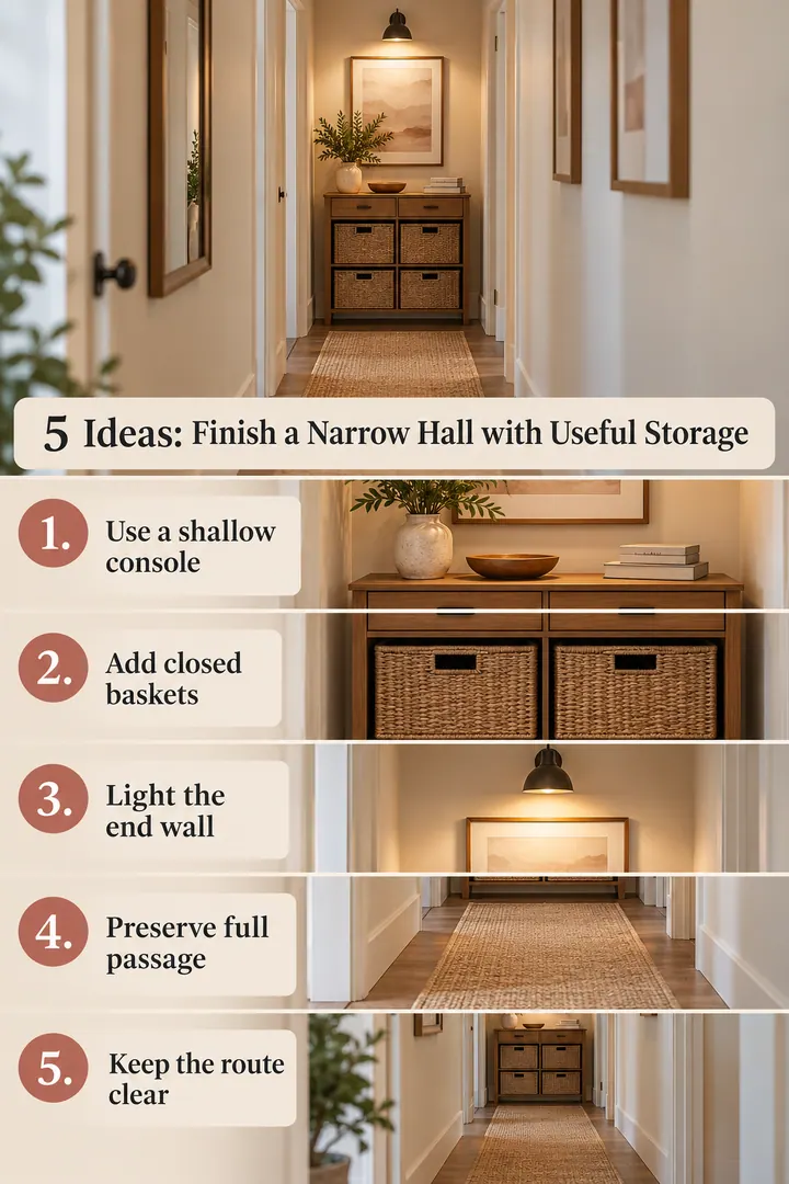 Numbered Ideas Infographic of hallway end wall storage in Hallway showing use a shallow console.